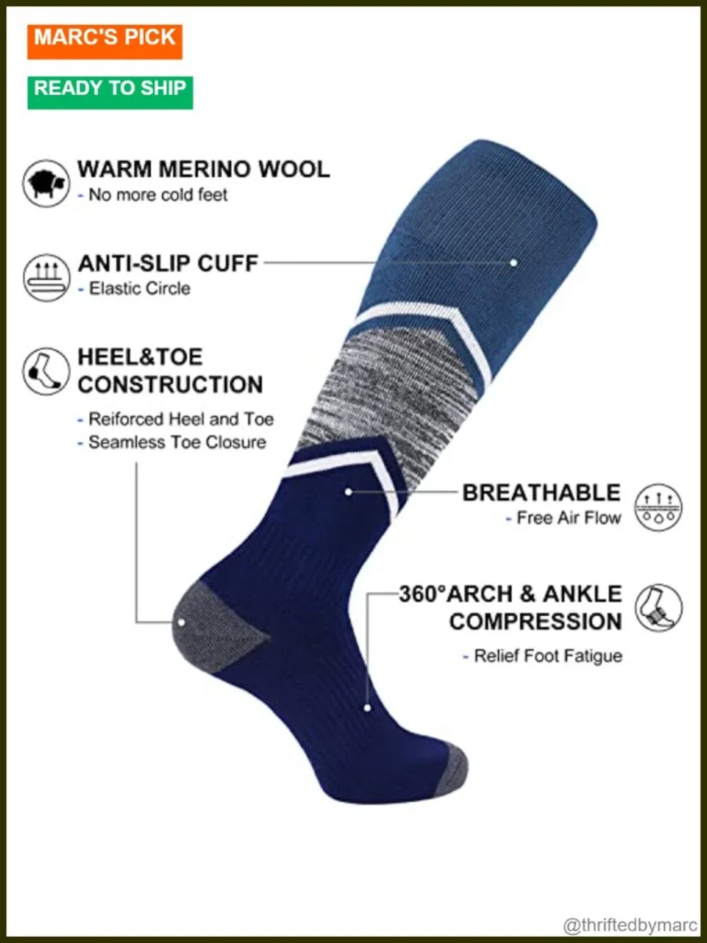 Merino Wool Ski Socks for Snowboarding, Full Cushioned Knee-High Thermal Socks